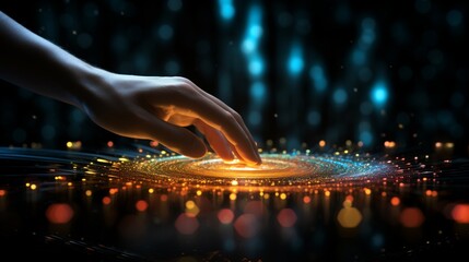 Hand touching a spinning data flow, data flow processing visualization background
