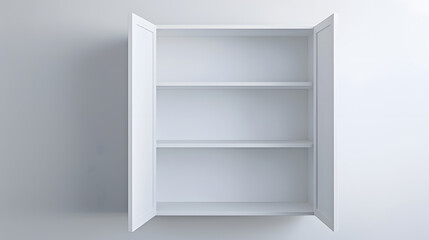 Mockup Empty white open cabinet with shelves in bathroom shelves for product display clean white cabinet light grey wall paint white wood vertical image : Generative AI