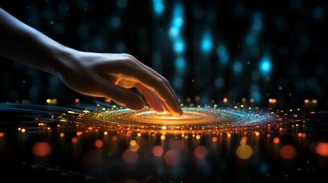 Hand touching a spinning data flow, data flow processing visualization background
