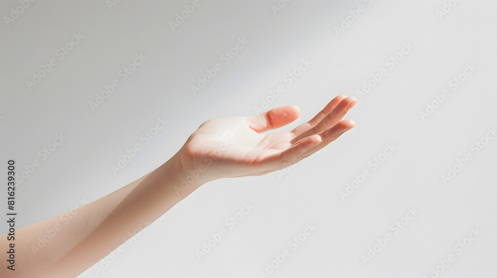 Aufkleber Female hand with palm facing up on white background Gesture empty hand : Generative AI