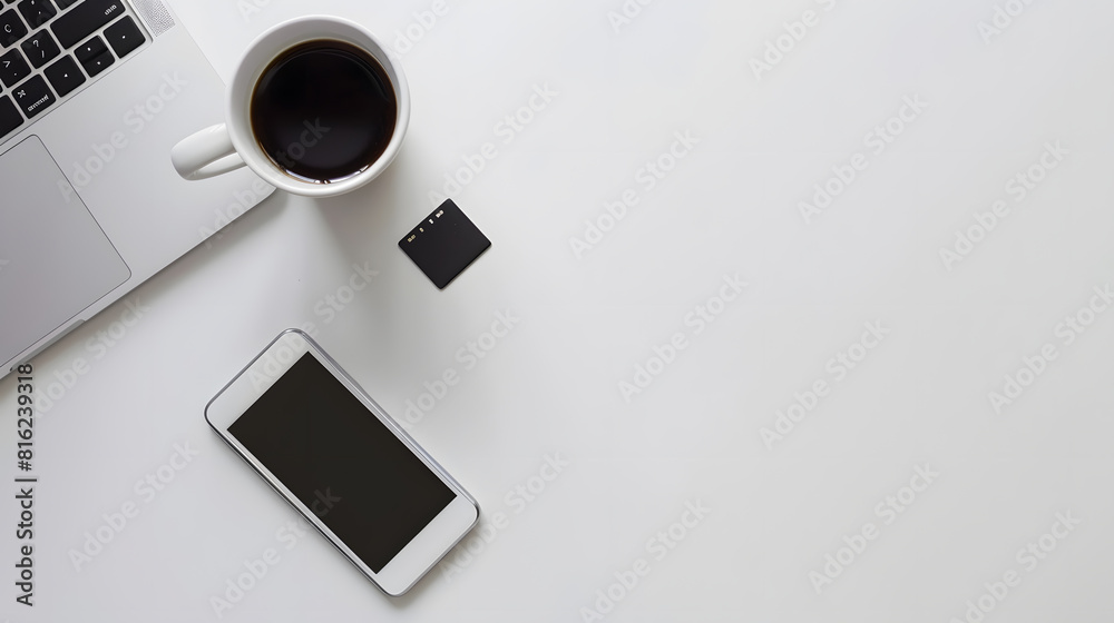 Poster white working table desk with laptop smartphone coffee mug memory card on white background flat lay 