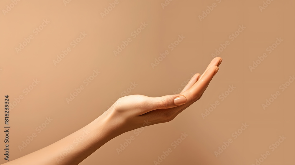 Aufkleber Beautiful woman hand isolated on brown background Empty open female hand on cream background with copy space Close up of elegant palm faced upwards with space for your product : Generative AI