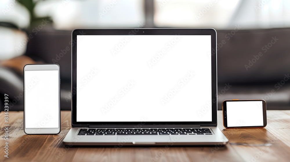 Poster tablet pc and laptop computer isolated white screen with mobile smartphone on wood table for mock up