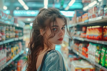 A woman is shopping in the supermarket