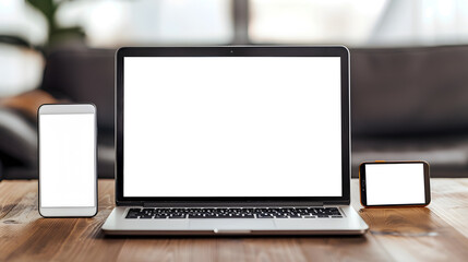Fototapeta premium Tablet pc and laptop computer isolated white screen with mobile smartphone on wood table for mock up design or advertising display : Generative AI