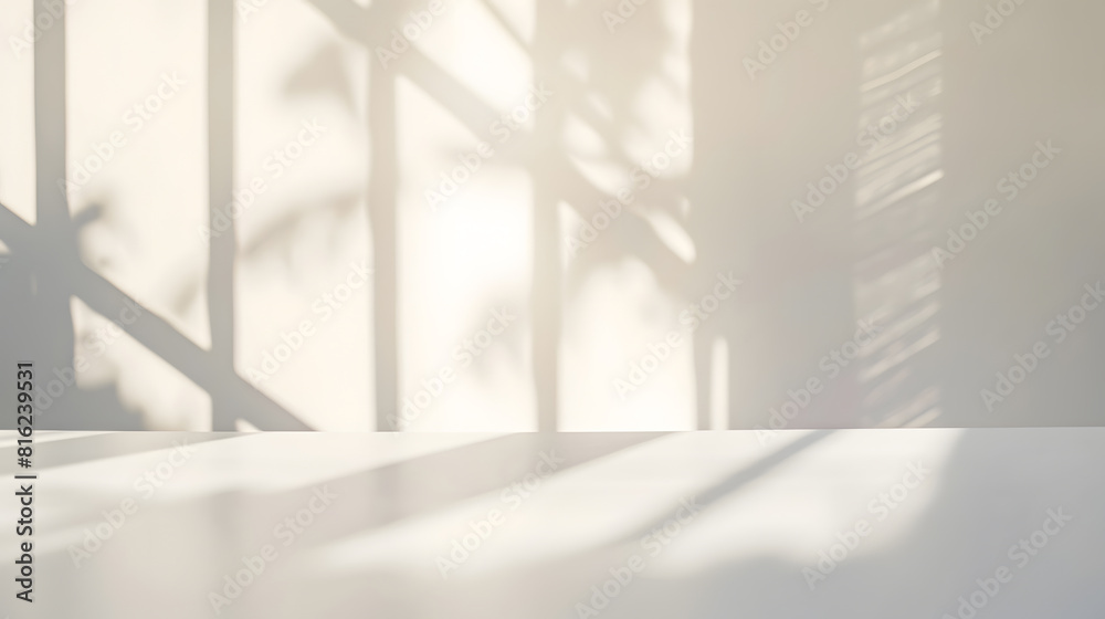 Poster Empty white desk with morning light and shadows of windows with copy space summer concert Blurred backdrop abstract background for display product : Generative AI