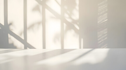 Empty white desk with morning light and shadows of windows with copy space summer concert Blurred backdrop abstract background for display product : Generative AI