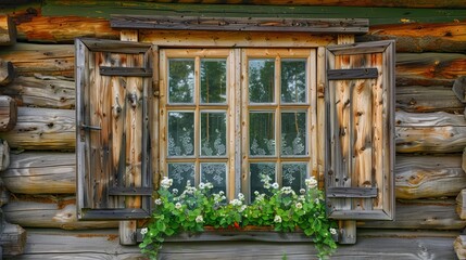 old country windows. Russia. windows in the wall of old logs, with shiny glass, green flowers behind