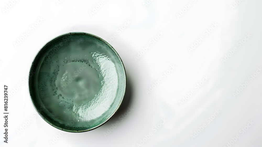 Aufkleber Empty trendy handmade ceramic dish tablewares Round empty plate green texture vintage classic pattern isolate on white background top view cut out : Generative AI