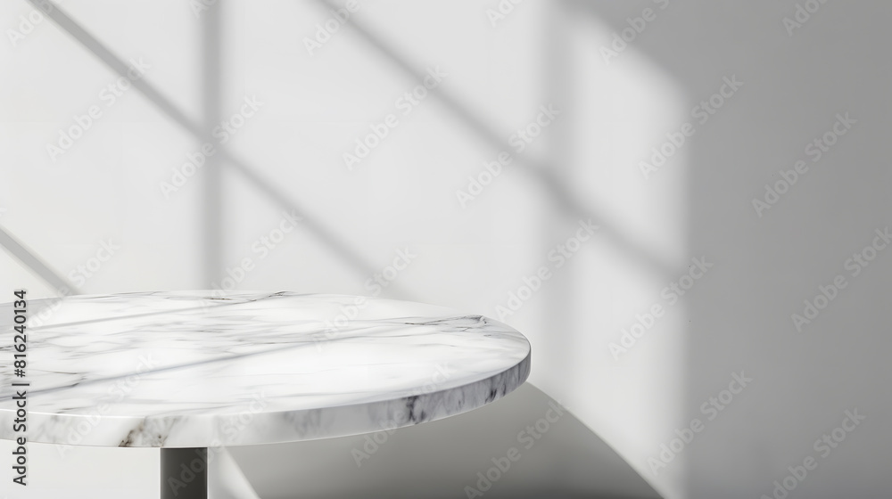 Poster Marble table with window shadow drop on white wall background for mockup product display : Generative AI