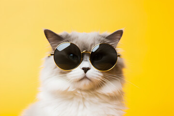 an attentive cat with sunglasses on a yellow background