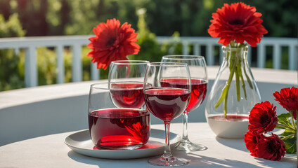 glass with red wine, flowers on the table in nature creativity