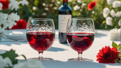glass with red wine, flowers on the table in nature blooming