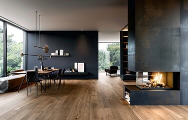 Open, dirty corner pane in a modern fireplace with a closed combustion chamber standing in the living room, painted black.