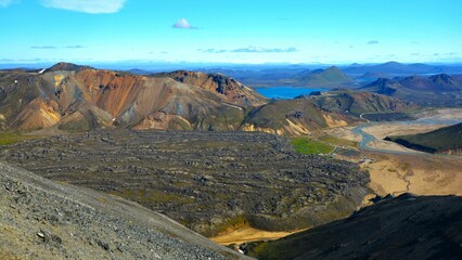 Laugahraun lava field with the camp on its edge in Landmannalaugar, a location in Iceland's...