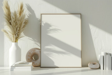 Empty vertical frame mockup in warm neutral minimalist interior with dried pampas grass in trendy donut vase and books on white wall background. Illustration 3d rendering