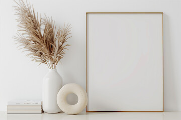 Empty vertical frame mockup in warm neutral minimalist interior with dried pampas grass in trendy donut vase and books on white wall background. Illustration 3d rendering