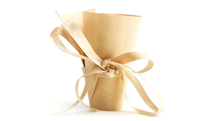 Empty craft paper wrapping cornet tied with beige canvas ribbon isolated on white : Generative AI
