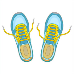 Freehand drawing of sneakers, gym shoes.  Sneakers top view - sport shoes for running fitness. Fashion sneakers blue and yellow. Sketch classic shoes. Vector illustration isolated on white background.