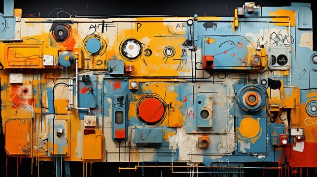 Striking photo of a large painting of various objects on a wall. The colorful and eclectic objects create a visually stimulating and engaging image.