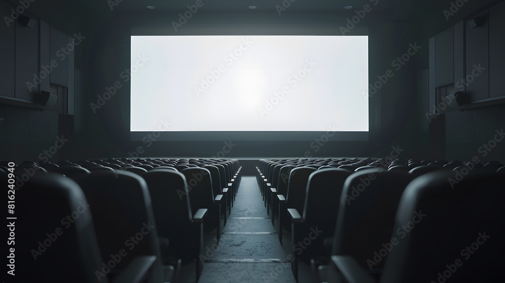 Fototapete empty cinema auditorium with empty white screen empty rows of theater or movie seats : generative ai