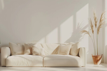 Empty wall mockup with sofa and beige pillows on empty white living room interior background. 3D rendering illustration.