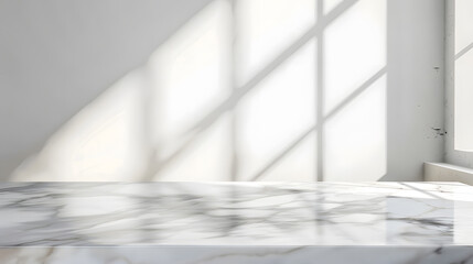Obraz premium Marble table with window shadow drop on white wall background for mockup product display : Generative AI