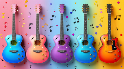 Colorful Acoustic Guitars Against Vibrant Background