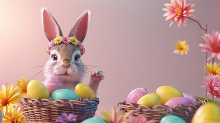 3D Cartoon character of happy rabbit with Easter Egg and basket
