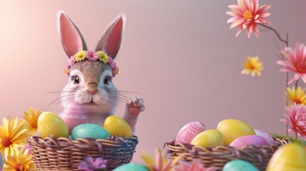 3D Cartoon character of happy rabbit with Easter Egg and basket