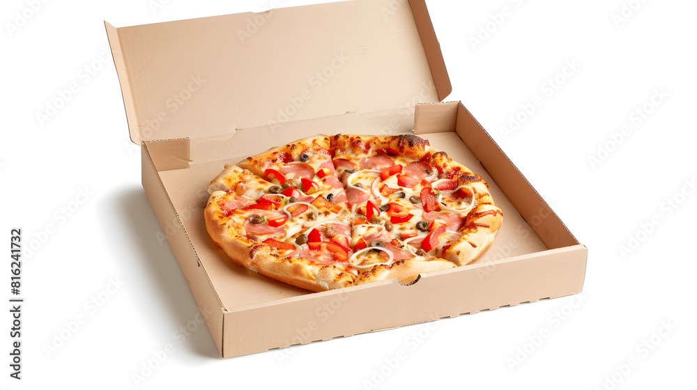 Poster Blank Cardboard Pizza Box with Copy Space for Your Design on a white background : Generative AI