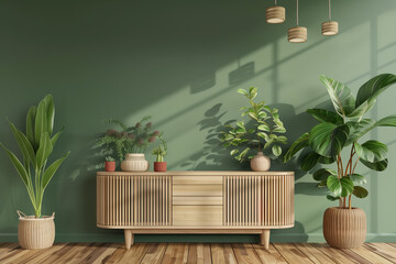 Green interior mockup with empty wall curved slat sideboard and plants in trendy living room....