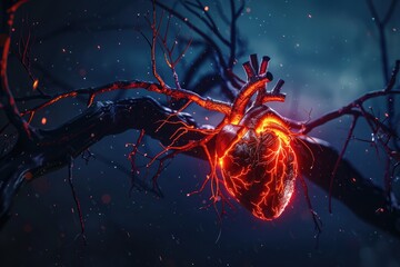3d render of human heart with tree branches, dark blue background, glowing red veins and thorns, night sky, mysterious atmosphere, fantasy concept art, surreal, hyper realistic, hyper detailed