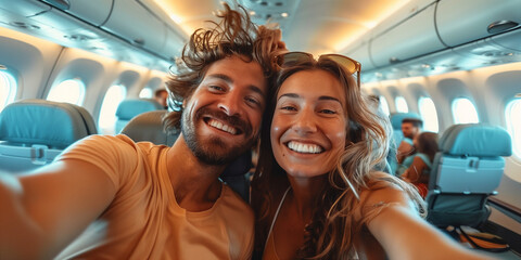 
Happy tourist taking selfie inside airplane. Cheerful couple on summer vacation. Passengers boarding on plane.