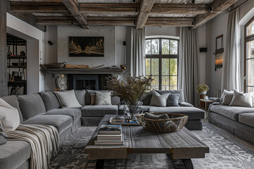 Grey cozy corner sofa and rustic coffee table in room with fireplace. French country farmhouse home interior design of modern living room.