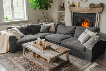 Grey cozy corner sofa and rustic coffee table in room with fireplace. French country farmhouse home interior design of modern living room.