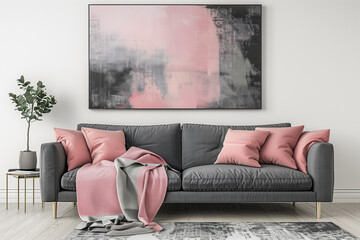 Grey sofa with pink pillows and blanket against white wall with abstract art poster. Interior design of modern living room. Created with generative AI