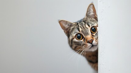 A frightened cat peeks out from around the corner, with copy space. realistic