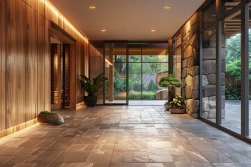 Hallway with stone tiled floor and wooden lining paneling walls. Rustic home interior design of modern entrance hall with glass door. Created with generative AI - Powered by Adobe