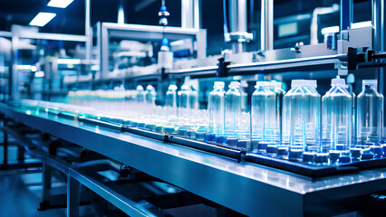 Automated Pharmaceutical Manufacturing - Conveyor Line with Glass Bottles in Factory Setup