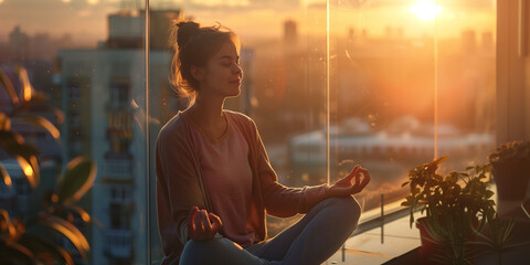 Young woman practicing breathing yoga pranayama outdoors on apartment balcony in big city on early...