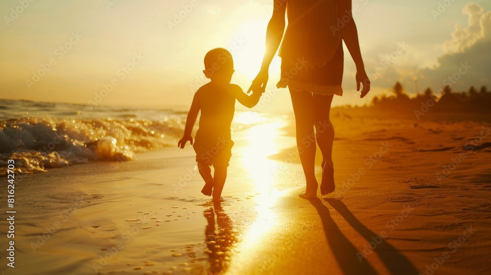 Wall mural Little cute baby walk with parents outdoors with warm sunlight at beach