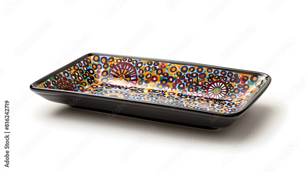 Fototapete Empty rectangular plate Black ceramics plate with colorful pattern isolated on white background with clipping path Side view : Generative AI