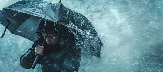 Person wearing raincoat withstanding strong wind and heavy rain in a city street. Extreme weather conditions.