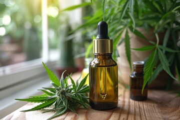 a green hemp oil bottle and fresh leaves on a wooden counter, promoting hemp wellness against a natural background