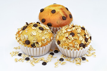 Delicious homemade muffins - with chocolate chips or with chocolate chips and oat flakes, white...