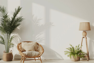 Home interior mock up with wicker rattan armchair beige pillows lamp and green plants in living room with empty white wall. 3D rendering.