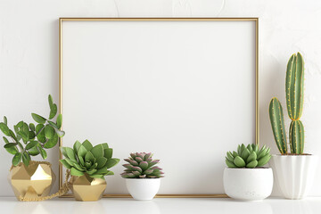 Home interior poster mock up with horizontal metal frame succulents in basket and pile of books on white wall background. 3D rendering.