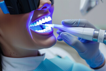 A cosmetic dentist performing teeth whitening procedures, highlighting smile enhancement techniques. Woman having teeth whitened by dentist with purple fluid and safety gloves
