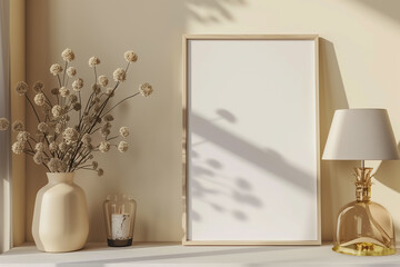 Home interior poster mock up with vertical frame on table flowers in vase and lamp on warm white wall background. 3D rendering.